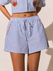Poéselle 女士夏季度假棉质条纹刺绣系腰短裤 - 彩色 - 查看 9