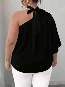 SHEIN CURVE+ Plus Size Elegant Solid Color Asymmetric Collar Blouse, Summer One Shoulder Top Plus Asymmetrical Top Plus One Shoulder Blouse Plus Size Black Tops One Sleeve Top - Black - View 2