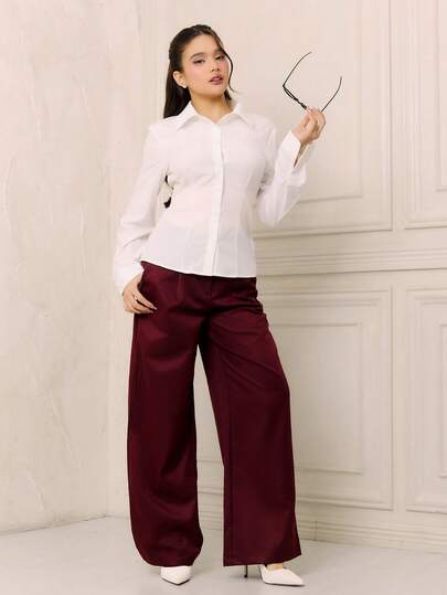 Criza Taa Spring & Autumn Casual Solid Color Cinching Waist Long Sleeve Shirt,Long Sleeve Tops Fall Cloth For Women