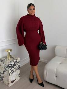 Maria Perezxox 2pcs Women's Casual Knitted Sweater Top And Long Skirt Set, Loose Fit Turtleneck Long Sleeve Crop Top And Skirt, Autumn/Winter - Red - View 5