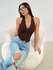 SHEIN PETITE Ladies Solid Color Sleeveless Backless Neck-Hanging Summer Top Halter Top Brown Top ,Petite Women - Coffee Brown - View 3