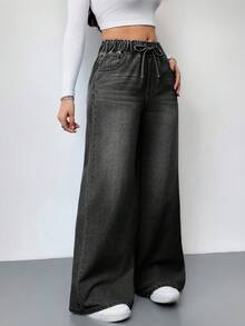 SHEIN Tall Women's Jeans Casual High Waist Wide Leg Trousers Blue Women's Jeans Women's Summer Clothing Elastic Waistband Jeans Jeans Casual Loose Straight Pants Women's Summer Clothing Going Out Clothing Music Festival Clothing Tall Women's - Black - View 3