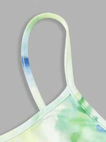 SHEIN MOD 大码女式玫瑰粉色印花长款连衣裙，褶皱腰身，喇叭下摆，吊带设计，半正式连衣裙，优雅茶会连衣裙，飘逸邮轮女装 - 綠色 - 查看 3