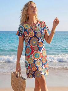 Sylviya Summer Casual Short Sleeve Dress With All-Over Print, V-Neck And Batwing Sleeves - Blue - View 4