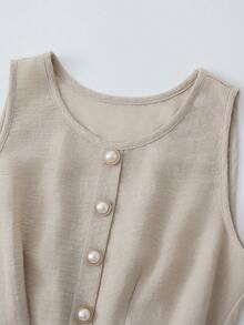 Lyxana Vestido elegante de mujer con diseño de botones de perla, cuello redondo y sin mangas, nuevo y casual para el verano - Albaricoque - Ver 3