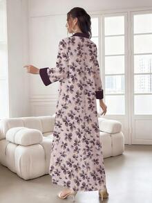 SHEIN Najma 复古碎花V领开衩喇叭袖口长袖连衣裙，优雅阿拉伯风格春夏服饰 - 彩色 - 查看 2