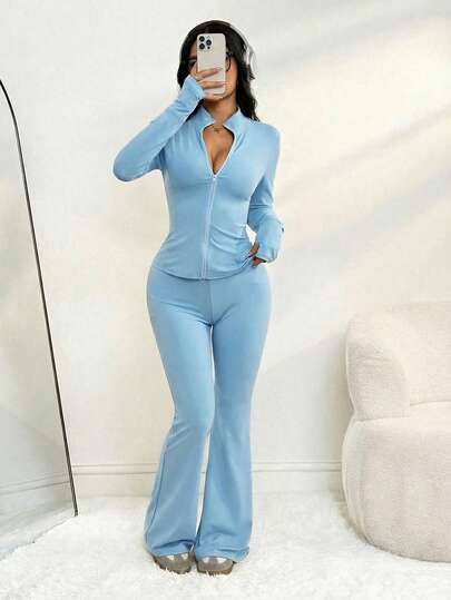 SHEIN PETITE 两件套女士休闲运动纯色上衣和裤子