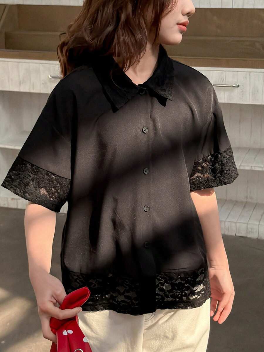 Dazy Kids Tween Girl Contrast Lace Short Sleeve Single-Breasted Casual Shirt - Black - View 1