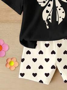 4pcs/Set Infant Toddler Unisex Cute Bow & Heart Print Round Neck T-Shirt Set, Baby Girls Daily Basic Outfit, Summer - Multicolor - View 4