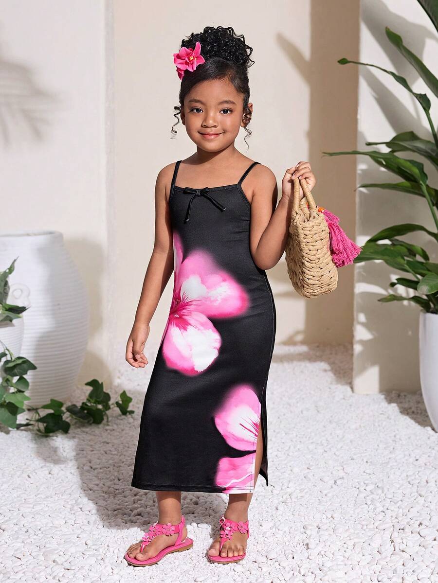 女童黑色针织碎花修身吊带裙，休闲时尚，百搭，适合派对、郊游、姐妹合照、公园、露营、度假、日常休闲穿着 - 黑色 - 查看 1