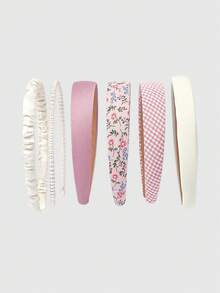 ROMWE Kawaii Bộ 5 chiếc/Bộ Băng đô vành rộng họa tiết hoa kẻ sọc màu hồng mùa xuân kết hợp ngọc trai xinh xắn như tiên nữ, Phụ kiện tóc đa năng phong cách cho bé gái, Quà tặng ngày lễ tình nhân cho bạn gái, Băng đô cài tóc màu hồng - Hồng - Xem 1