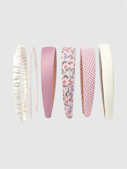 ROMWE Kawaii 5件套女士春季粉色花卉格纹珍珠组合仙气甜美宽檐发箍，百搭户外少女风发饰，情人节送女友礼物，粉色发饰发带