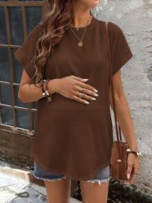SHEIN Maternity Solid Color Round Neck Casual Versatile Short Sleeve T-Shirt, Summer - Coffee Brown - View 3