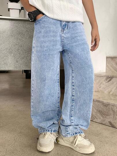SHEIN Jeans rectos y sueltos de mezclilla azul vintage y frescos en estilo casual Y2K para niño preadolescente, suaves para uso diario, otoño, invierno, vuelta al colegio, homecoming, rave, festival y streetwear de estilo old money, punk y holgado