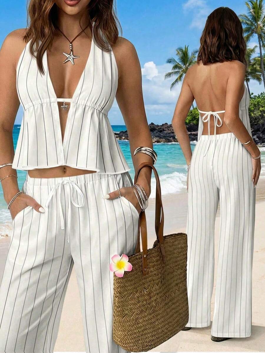 SHEIN EZwear 女士条纹露背系带荷叶边上衣搭配抽绳腰带口袋阔腿裤，休闲度假日常穿搭 - 彩色 - 查看 1