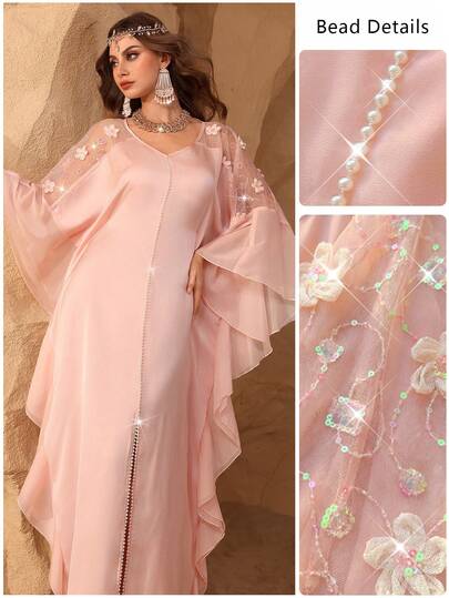 Al Najma Embroidered Patchwork Ruffle Cuff Fashionable Turkish & Arabic Traditional Long Tunic For Women Kaftan Jalabiya Dress