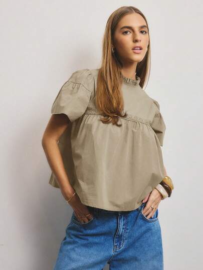 Aralina Áo kiểu babydoll tay ngắn, cổ bèo nhún, màu trơn dành cho nữ.