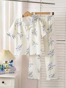 Cute Tween Girls Summer Pajama Set Apricot Lapel Short Sleeve Button Front Floral Print Long Pant Sleepwear - Apricot - View 4
