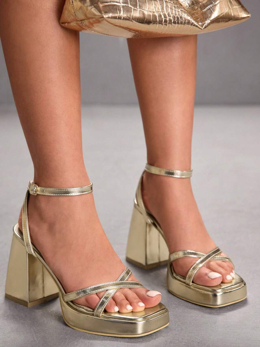 CUCCOO SZL Giày sandal cao gót sọc vàng thời trang nữ, giày dự tiệc. - Kim loại vàng - Xem 1