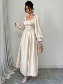 Modelyn 女士杏色梭织长袖褶裥A字优雅连衣裙，春夏款 - 杏色 - 查看 5