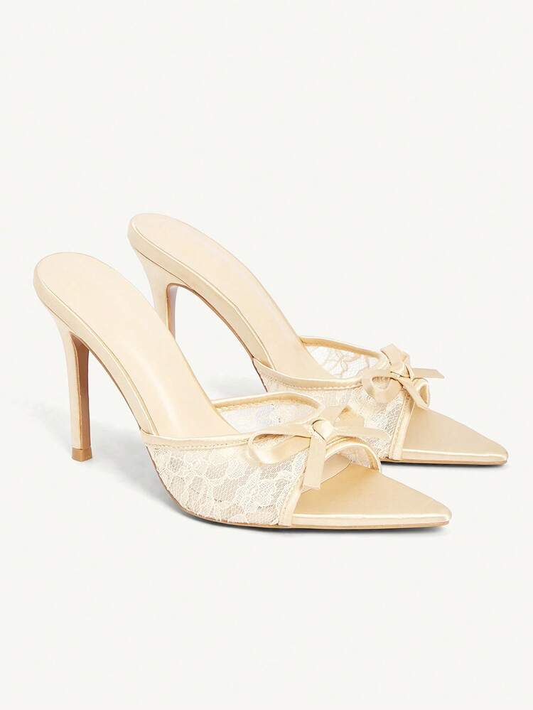 CUCCOO CHICEST Women Shoes Brown Satin Mesh Splicing Summer And Summer Bow Elements Fashion Sexy Pointed Stiletto Slippers Summer Shoes Wedding Shoes Bride Shoes