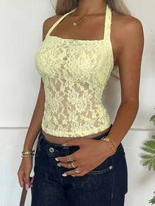 SHEIN CovetEZ New Arrival Sexy Lace Semi-Sheer Yellow Blouse For Women, Summer - Light Yellow - View 5