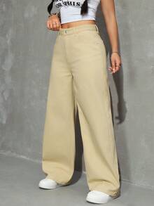 SHEIN EZwear 女士休闲宽松口袋牛仔裤 - 卡其色 - 查看 3