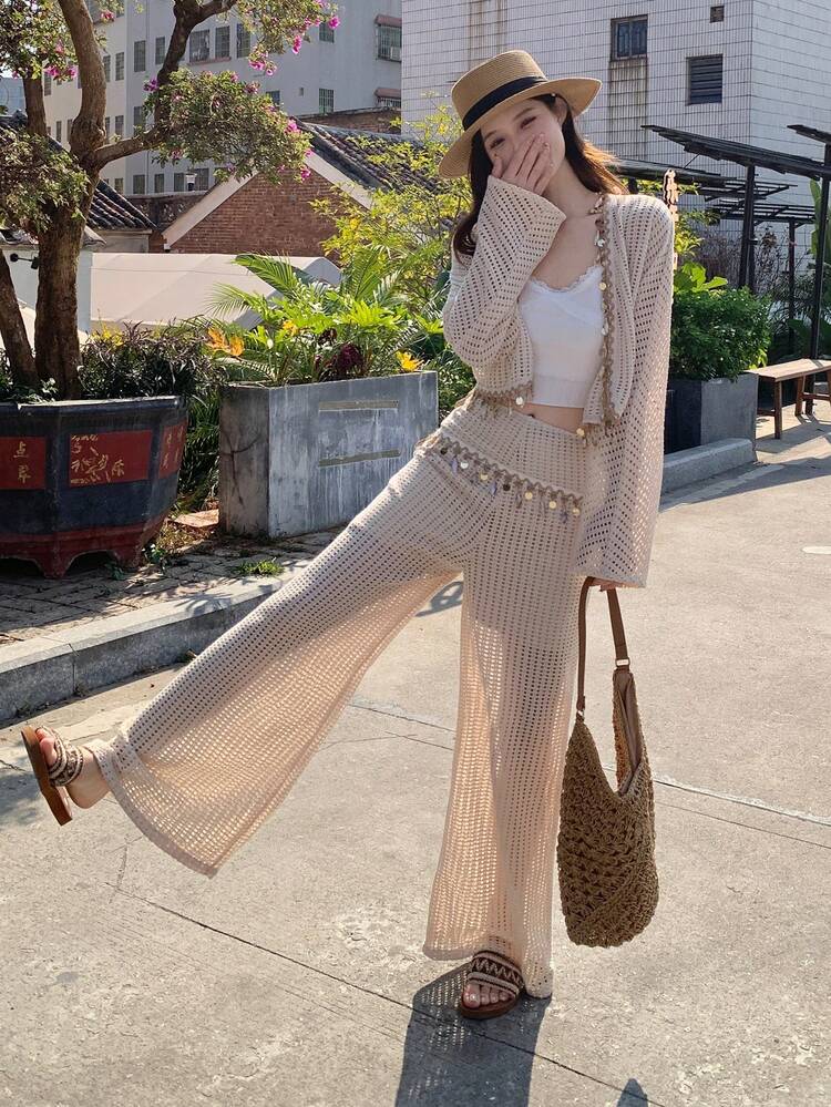 Women's Vacation Style Hollow Out Knitted Short Cardigan, Summer Design Knit Two Pieces Set