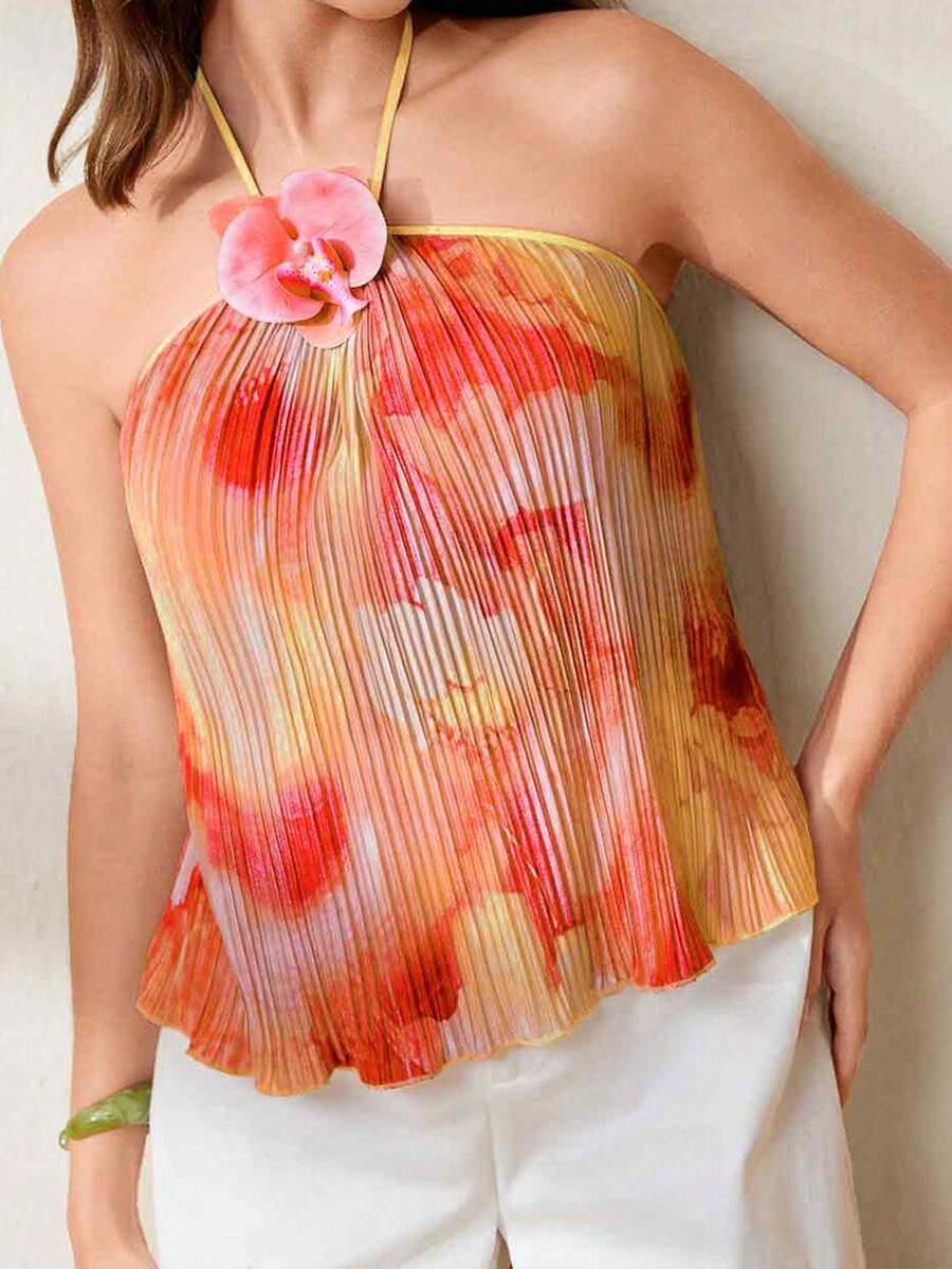 Rafferiza 时尚针织褶皱印花无袖吊带上衣，优雅度假风女装，褶皱上衣，女士夏季上衣，橙色夏季上衣，优雅夏季上衣，3D花朵上衣，女士吊带上衣，印花上衣，女士夏季上衣 - 黃色 - 查看 1