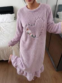 Dream Adore Heart & Daisy Embroidered Plush Ruffle Trim Casual Women Nightgown, Moo Moo Night Dress - Purple - View 6