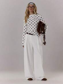 MUSERA 波点撞色圆领长袖上衣，可爱百搭，适合外出、日常办公、学校、春夏穿着，春季休闲穿搭，复活节休闲风格。 - 白色 - 查看 3
