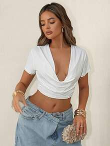 Sirith 新款深V领露脐上衣，性感时尚 - 白色 - 查看 4