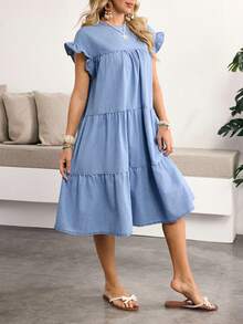 Breezaya Women's Casual Ruffled Hem Denim Dress, Summer - Blue - View 5