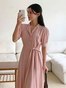 DAZY Women's Turndown Collar Ruched Midi Dress - Pink - View 1