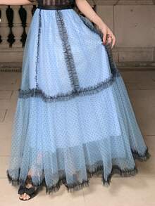 DAZY 女士弹力腰波点植绒网纱长款休闲A字裙 - 藍色 - 查看 4