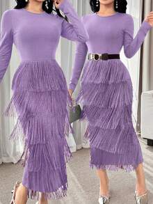 Modelyn 优雅纯色流苏修身连衣裙，适合女性 - 紫色 - 查看 1