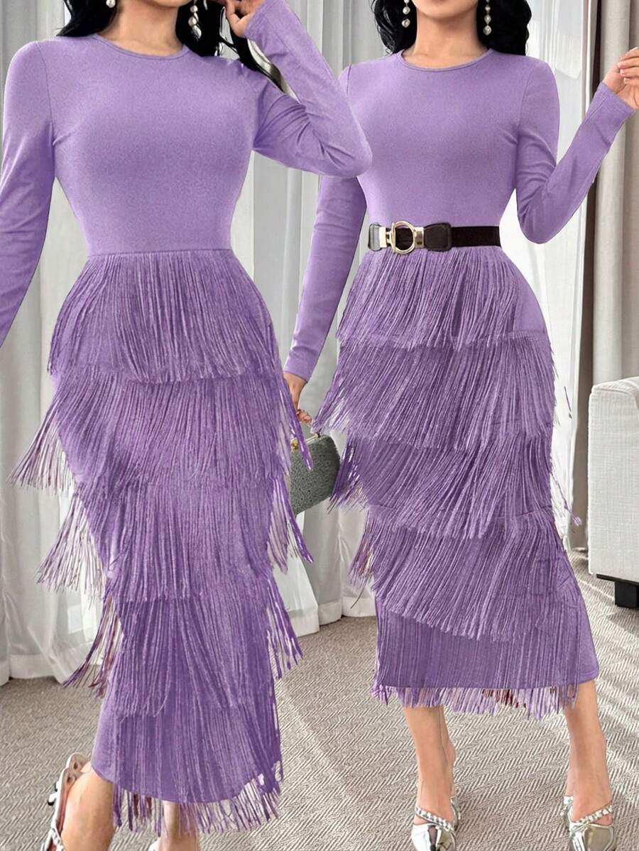 Modelyn 优雅纯色流苏修身连衣裙，适合女性 - 紫色 - 查看 1