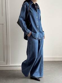 DAZY Women's Casual Denim Suit - Loose Fit Collared Shirt And Relaxed Pants - Blue - View 4