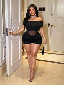 NU&NOW Women's Sexy & Elegant Mesh Off-Shoulder Jumpsuit, Suitable For Daily Wear And Dates, Plus Size - Black - View 2