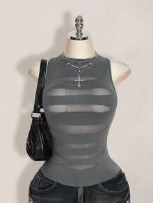 SHEIN ICON Plus Size Y2K Sheer Distressed Sexy Camisole Top, Going Out Tops - Dark Grey - View 4