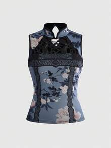 ROMWE Avant Retro New Chinese Style Garden Window Flower Design Floral Print Mandarin Collar Women Tank Top - Blue - View 1