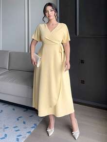 Dazy Plus Plus Size Women Solid Color Wrap V-Neck Short Sleeve Side Knot Elegant Dress Maxi Dress Sundress - Pale Yellow - View 4