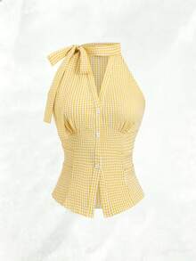 Olithes 春夏休闲时尚系带无袖修身V领开襟竖排纽扣收腰褶裥女式衬衫 - 黃色 - 查看 6