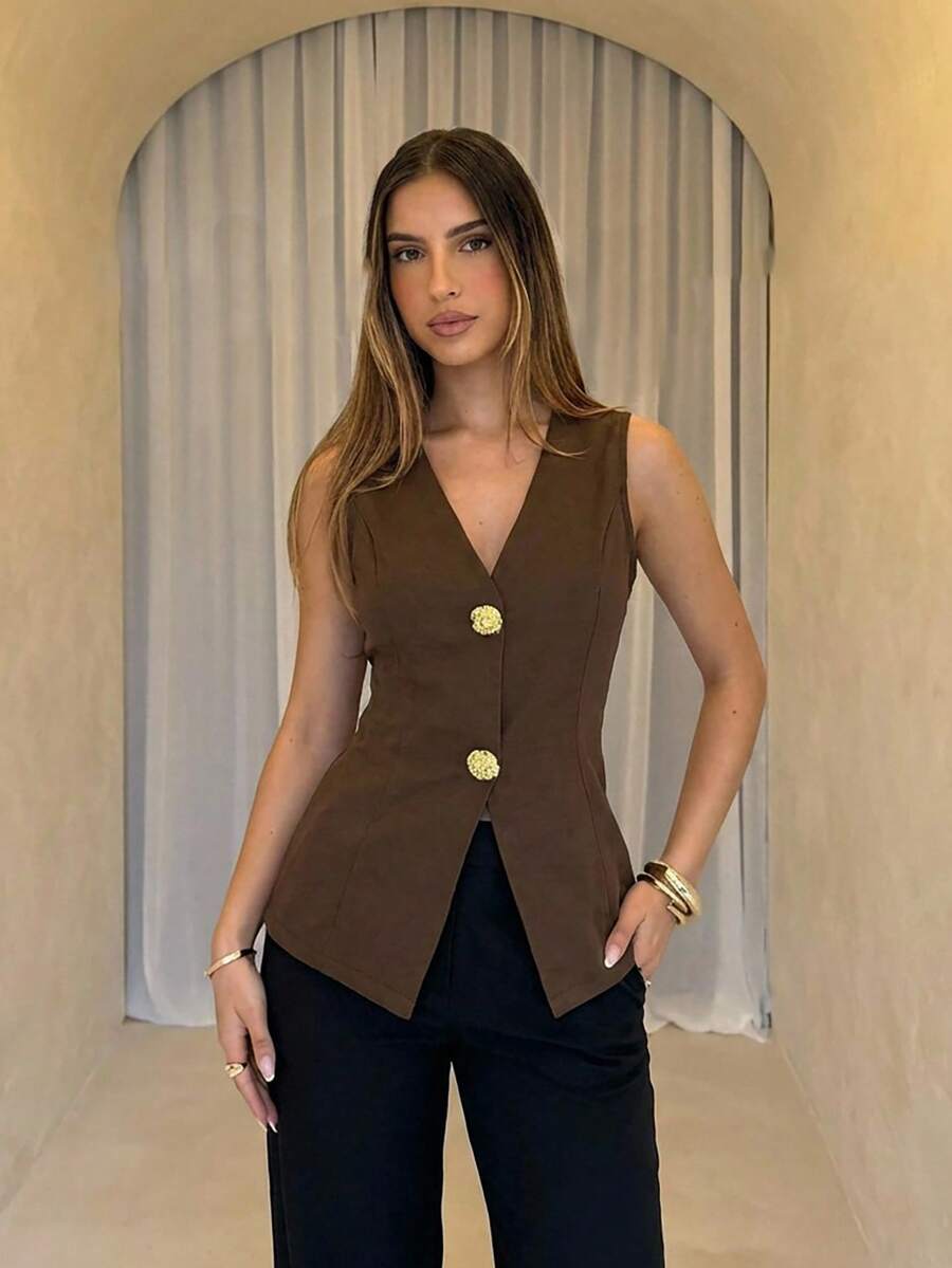 Aloruh Áo blazer nữ công sở màu nâu cài cúc kim loại, kiểu dáng thanh lịch.