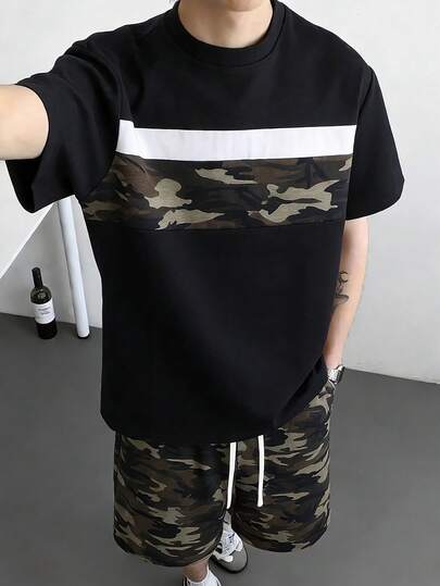 Set de 2 piezas de camiseta de punto con parches y pantalones cortos de camuflaje informal para adolescentes