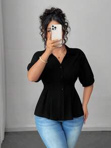 SHEIN PETITE CURVE Plus Size Petite Women's Solid Color Minimalist Stylish Office Wear Short Sleeve Blouse, Spring/Summer - Black - View 8