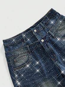 ROMWE MEN Street Life Men's Fashion Street Style Rhinestone Washed Slant Pocket Denim Shorts - Blue - View 3