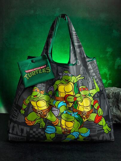 TEENAGE MUTANT NINJA TURTLES | SHEIN 1Pc Cute Cartoon Character Print Foldable Shopping Bag, Tote Bag, With Small Storage Bag With Bead Chain, Can Be Hung On The Bag, Light And Portable, Suitable For Shopping, Commuting, Outings, Leonardo, Raphael, Donatello, Michelangelo