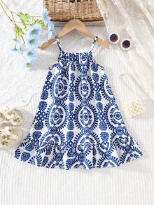 SHEIN Genkimix Kids Đầm maxi vải dệt nhiều màu sắc in kỹ thuật số, viền bèo nhún, dây đeo, thích hợp mặc hàng ngày vào mùa hè, đi chơi, du lịch, nghỉ mát và dự tiệc cho bé gái. - Nhiều màu - Xem 2