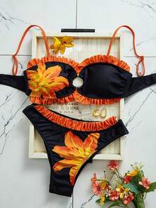 Swim Vcay 夏季海滩度假印花荷叶边撞色褶皱抹胸可拆卸肩带比基尼套装 - 彩色 - 查看 7